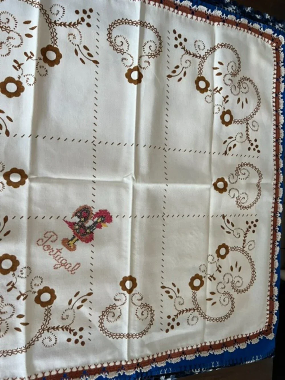 Two Vintage Cotton Hand Embroidered  Tea Square Tablecloths (Beige & Blue)